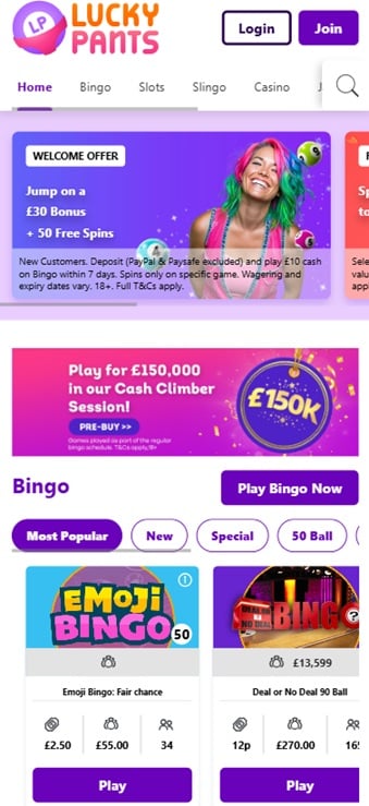 Lucky Pants Bingo Mobile View
