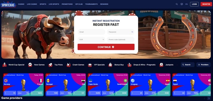 Spin Texas Casino homepage screenshot