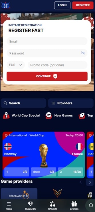 Spin Texas Casino mobile homepage screenshot