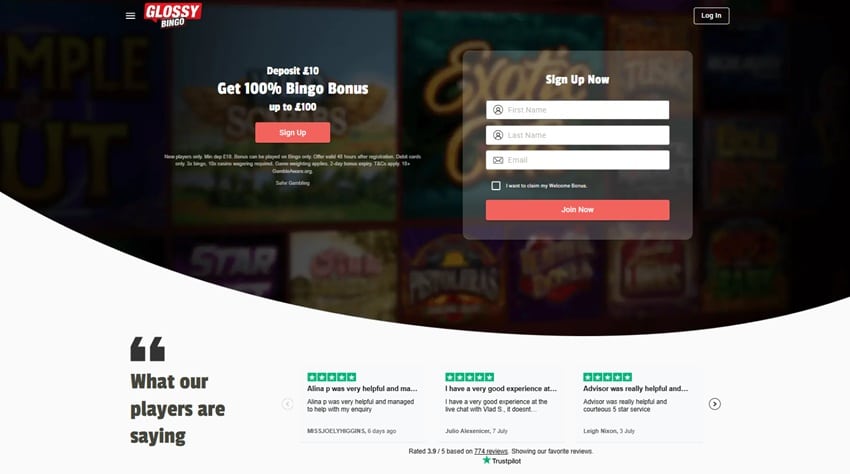 Glossy Bingo homepage
