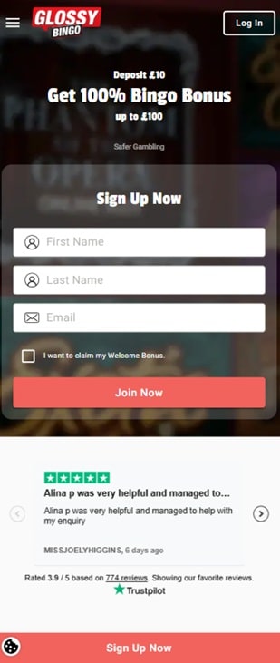 Glossy Bingo mobile site
